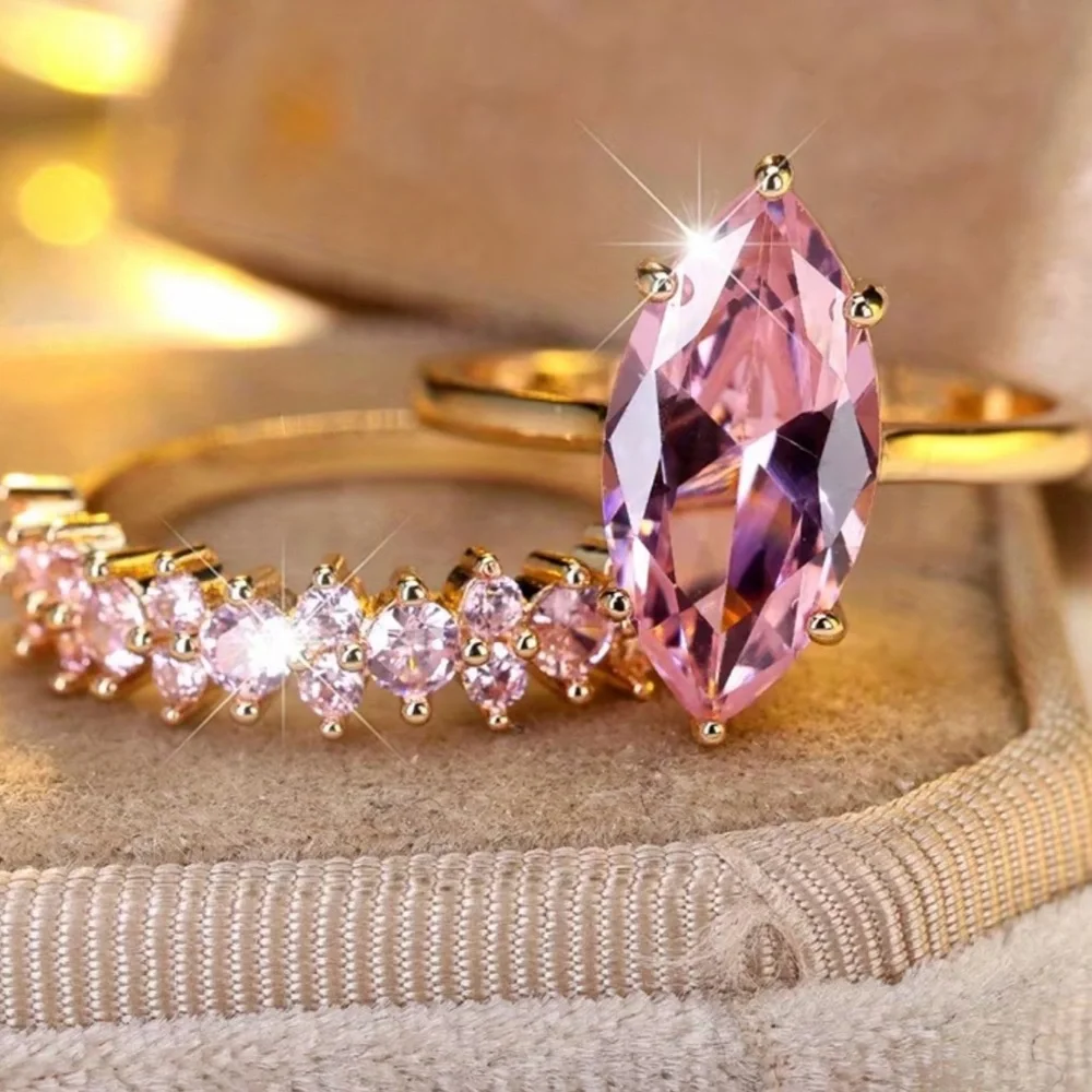NEW Gold Marquise Cut Pink Stone CZ Wedding Ring Set - SIZE 8